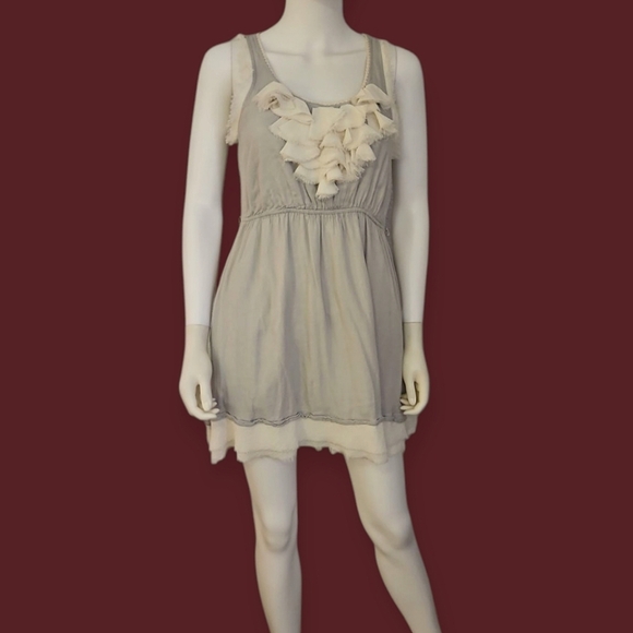 Vtg KLD Gray Ruffle Shabby Chic Distressed Sleeveless Mini Dress - Picture 1 of 8